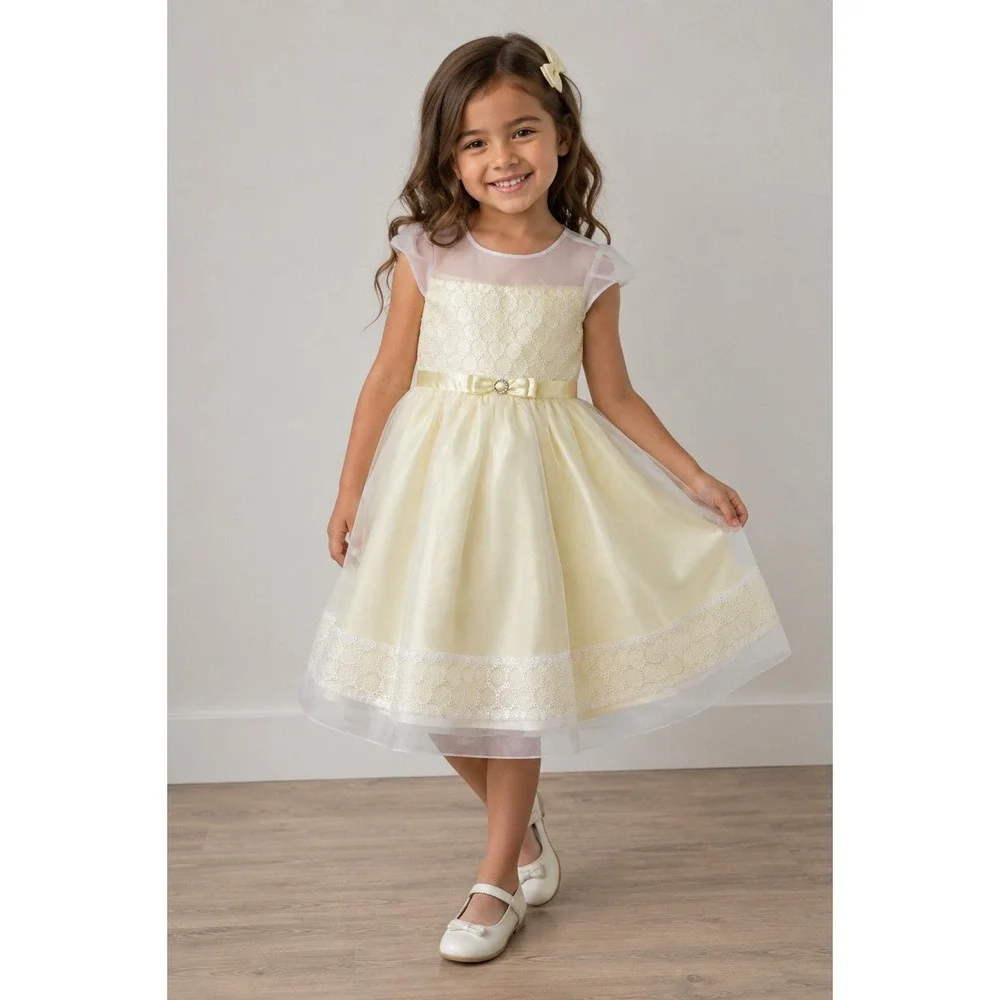 Jona Michelle Girl's Easter Spring Dress Yellow Lace Bow Sz 8 Party Wedding